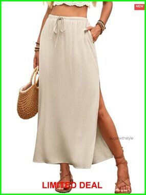 Linen Straight Maxi Skirt with Side Slit and Pocket